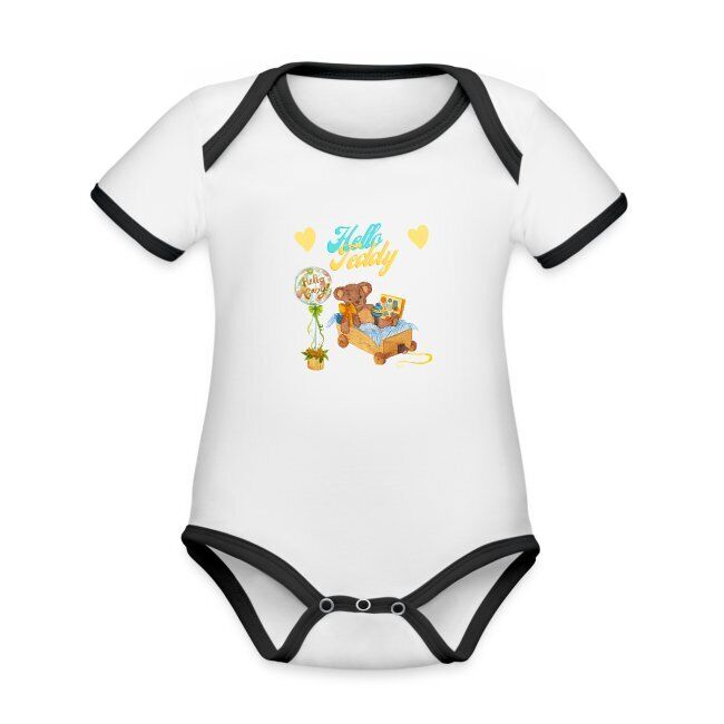 "Hello Teddy" Baby Bio-Kurzarm-Kontrastbody mit liebevoll erstelltem Design