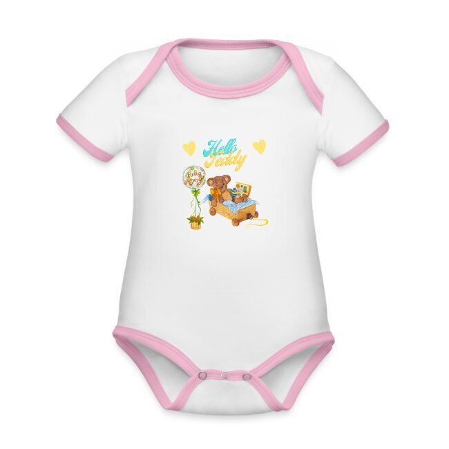 "Hello Teddy" Baby Bio-Kurzarm-Kontrastbody mit liebevoll erstelltem Design