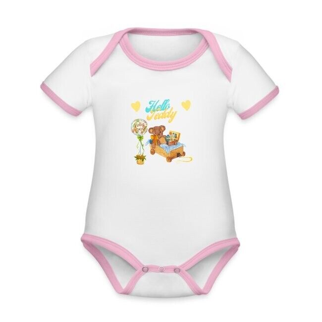 "Hello Teddy" Baby Bio-Kurzarm-Kontrastbody mit liebevoll erstelltem Design