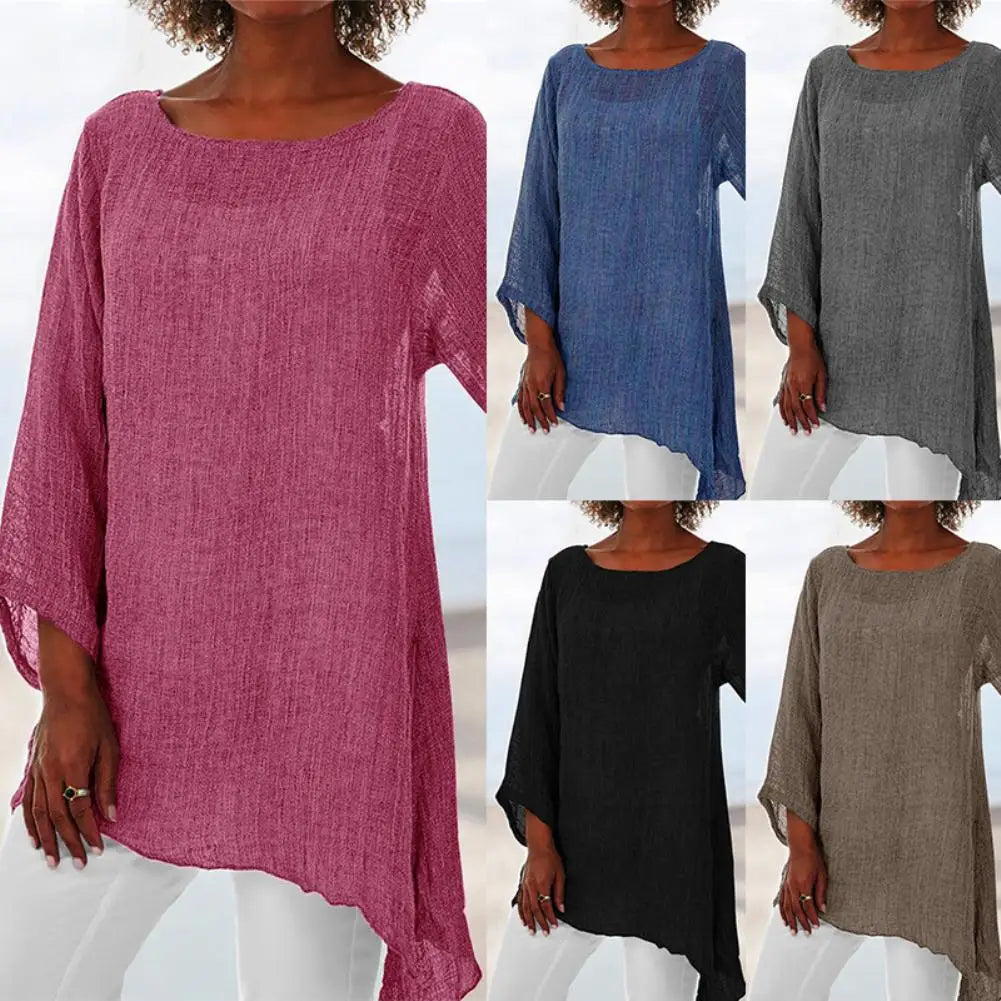 Hot Blouse Women Solid Color Cotton Linen O-Neck Long Sleeve Irregular