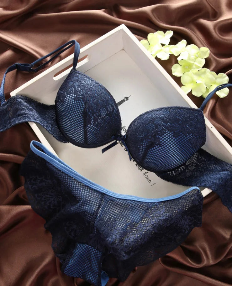 New Sexy Bra Hollow Out Panties Solid Color Underwear Set BC Cup Lace