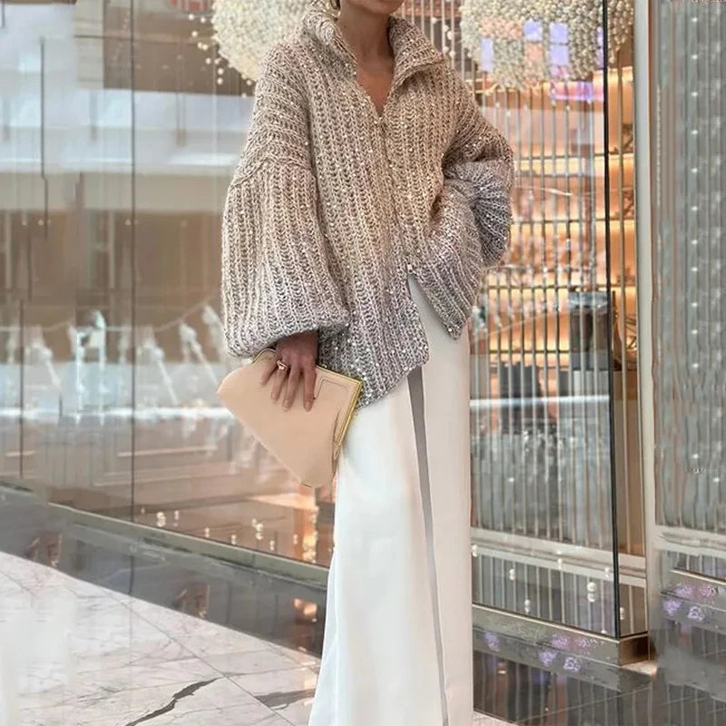 Women Fashion Gradual Sequin Knit Cardigan Elegant Loose Lantern