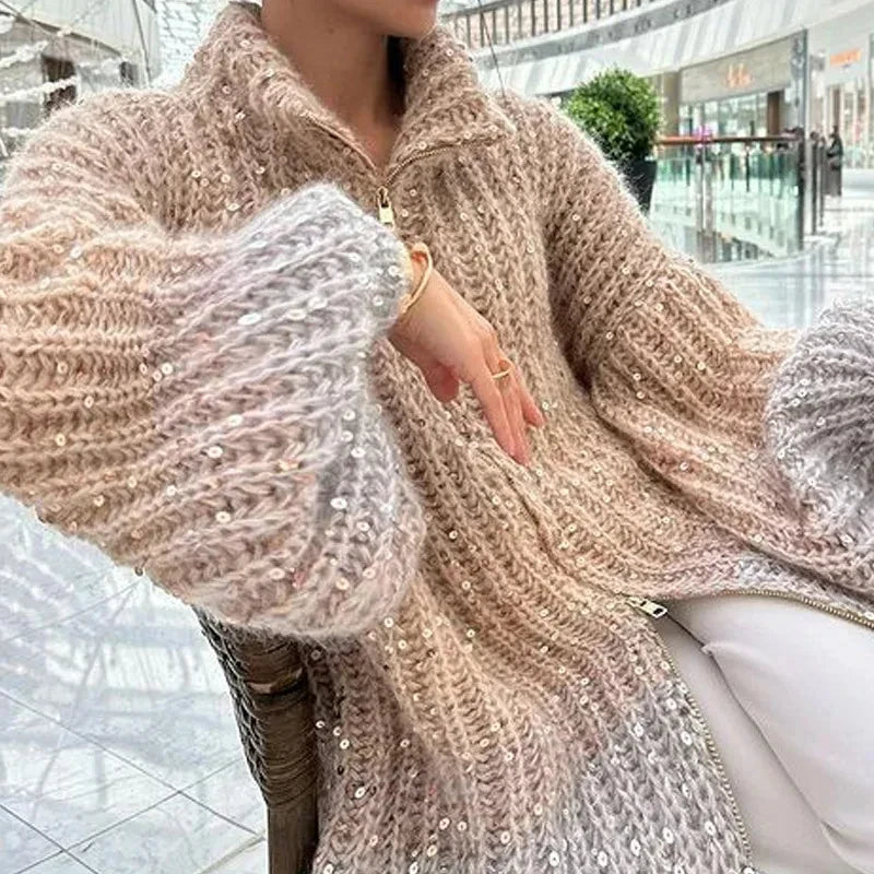 Women Fashion Gradual Sequin Knit Cardigan Elegant Loose Lantern