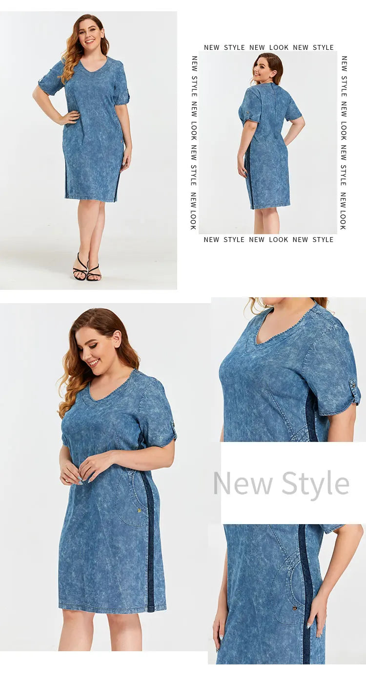 Damen Plus Size Denim Kleid Baumwolle kurze Ärmel