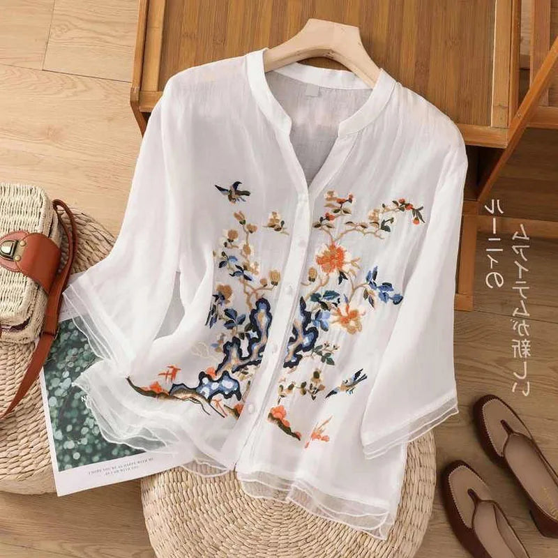 High-end Cotton and Linen Tops Female 2024 Summer New Embroidered