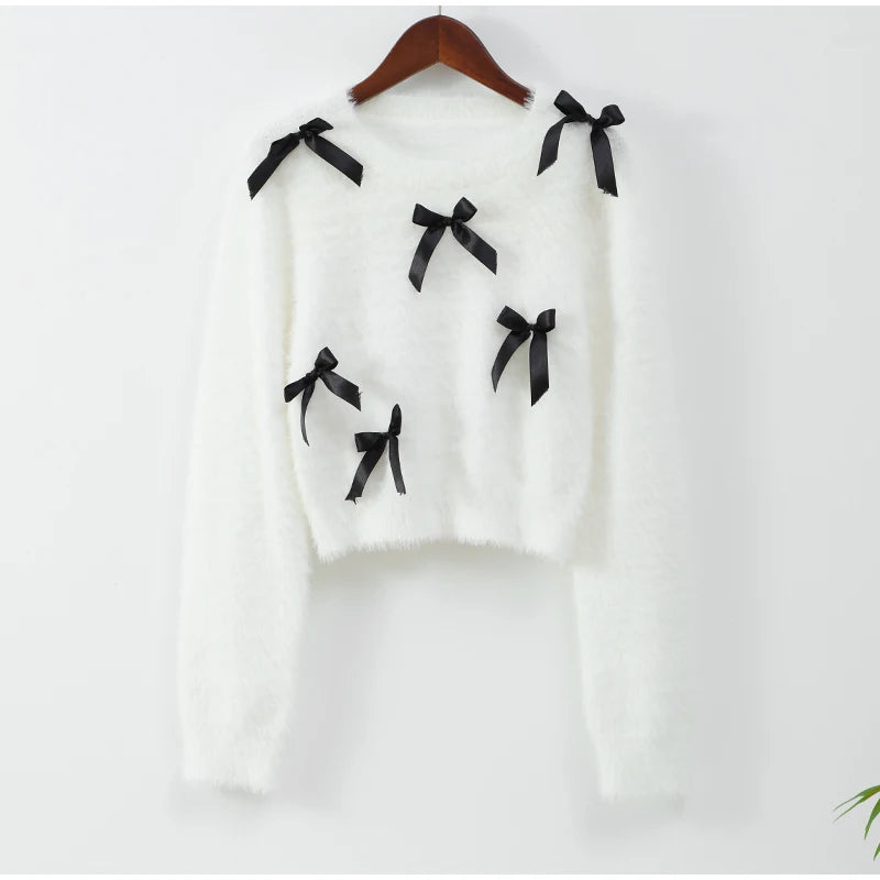 Fashion 3d Bow Round Neck Sweater For Women Elegant Long Sleeve Slim