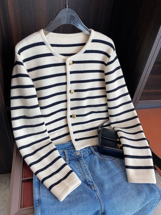 New Spring Autumn Y2k Sweaters O-neck Stripe Knitted Cropped Cardigan