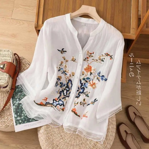 High-end Cotton and Linen Tops Female 2024 Summer New Embroidered