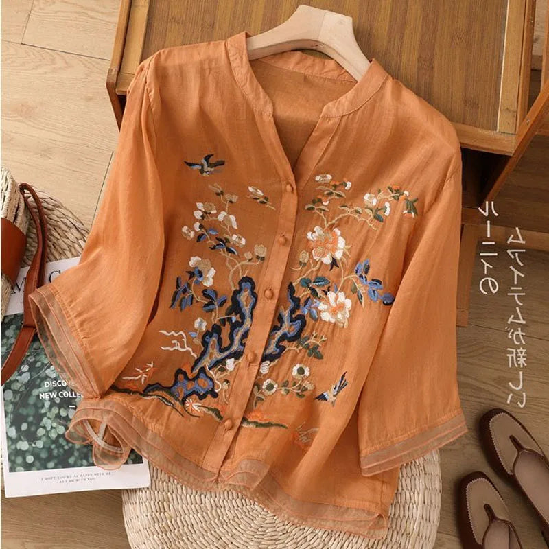 High-end Cotton and Linen Tops Female 2024 Summer New Embroidered