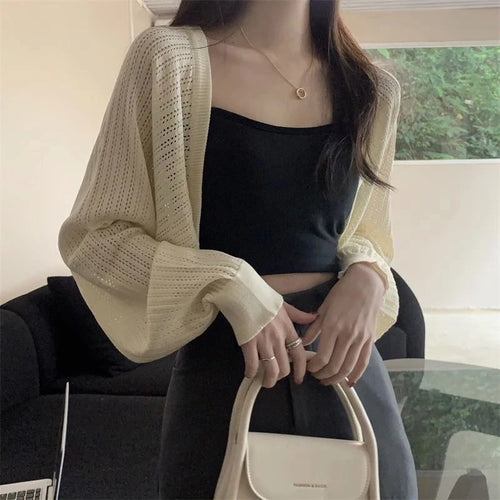 Rimocy Sunscreen Crop Knit Cardigan Women Korean Style Solid Color