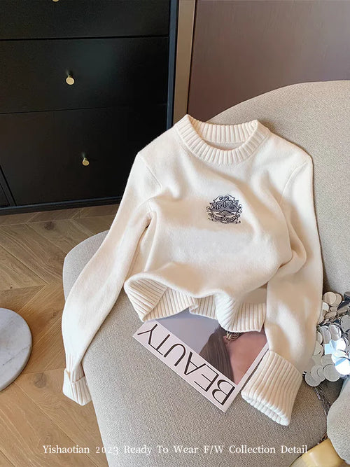 Letters Embroidery Round Neck Pullover Sweater For Women Autumn Spring