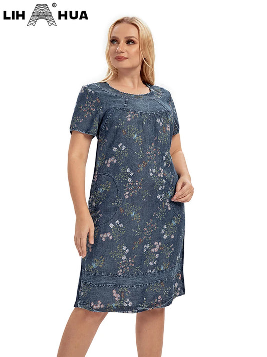 Damen Plus Size Jeanskleid elegantes Kleid für mollige Frauen