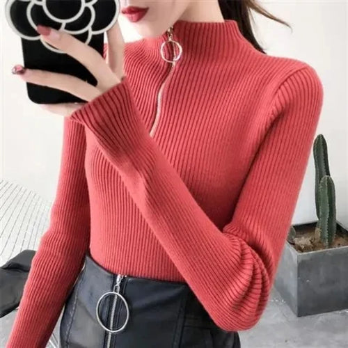 Knitted Women Zipper Half High Neck Sweater Pullovers Autumn Winter