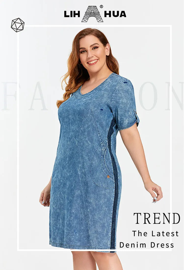 Damen Plus Size Denim Kleid Baumwolle kurze Ärmel