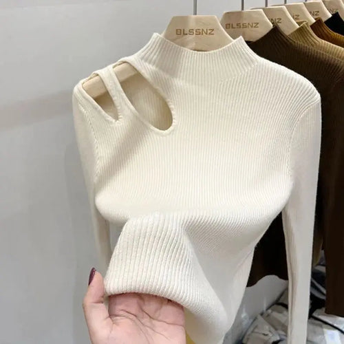 Turtleneck Knitted Women Sweater Ribbed Pullovers Autumn Winter Basic