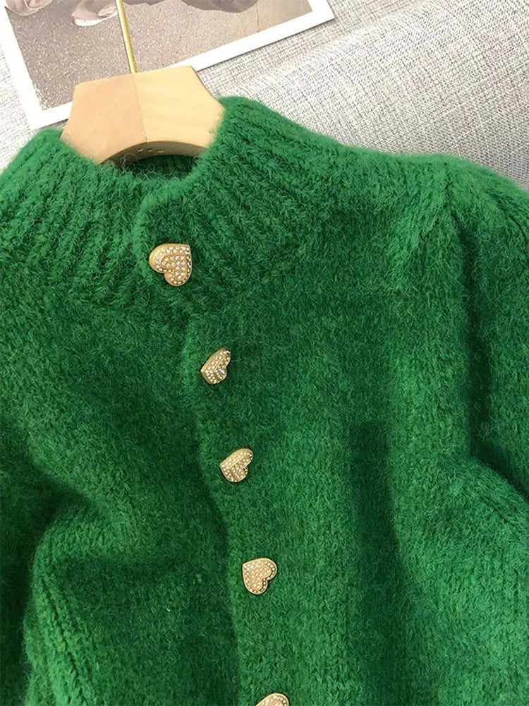 Green Knitted Cardigan  Sweaters Autumn Half High Collar Sweet Casual