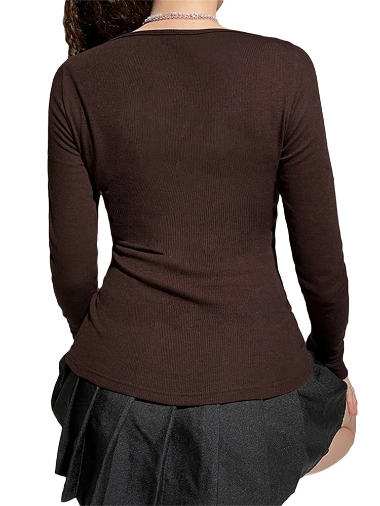 Y2k Women's Long Sleeve Knitted Tops Lace Stitching Neckline Knitwear