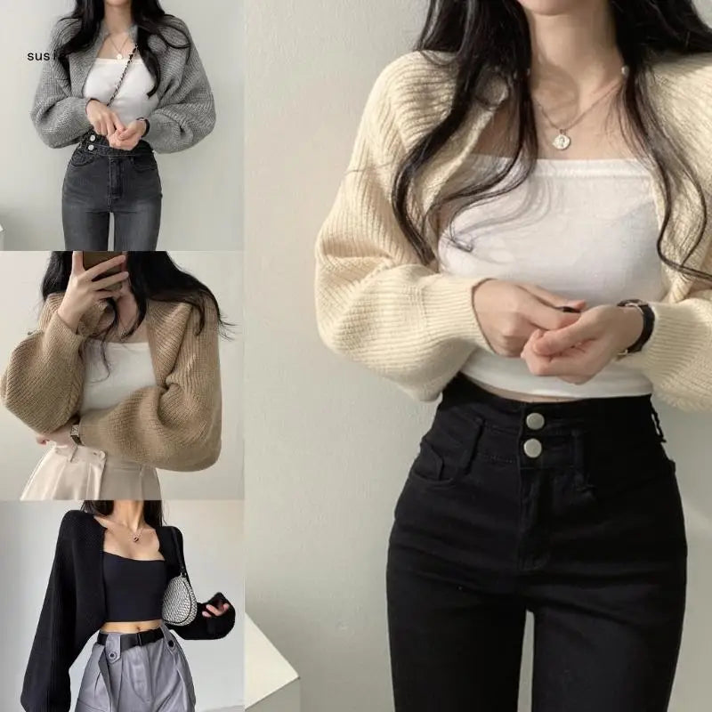 Women Long Sleeve Open Front Crop Tops Cropped Boleros Shrug