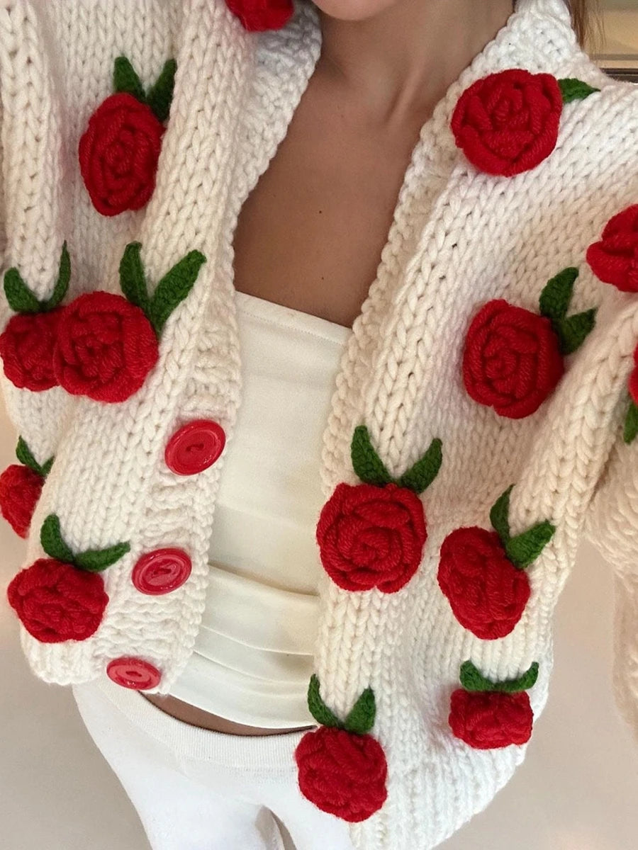 Women Knit Cardigan Fall Winter Warm Long Sleeve Flowers Button