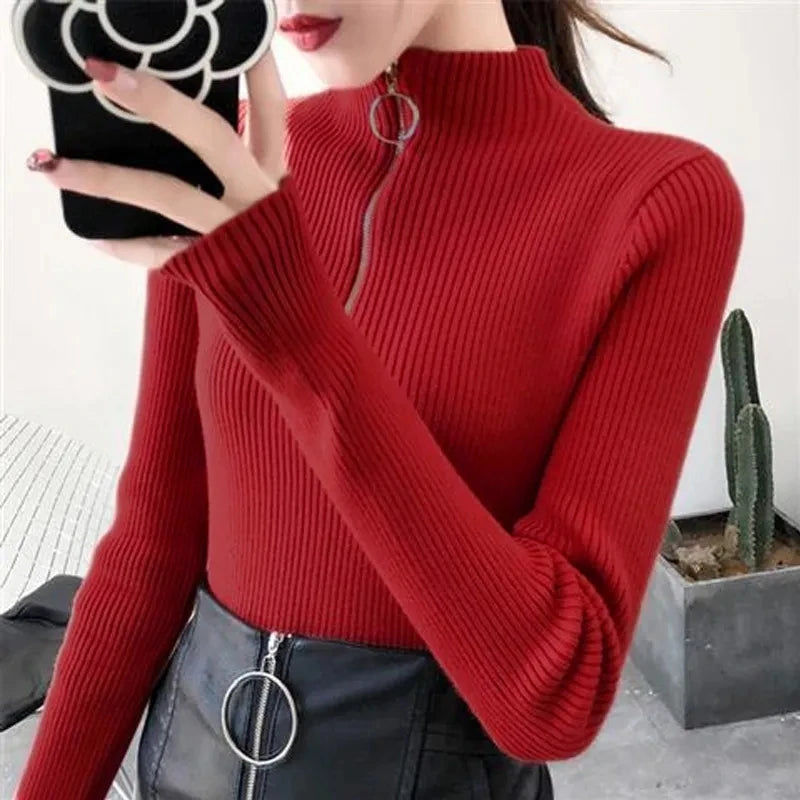 Knitted Women Zipper Half High Neck Sweater Pullovers Autumn Winter