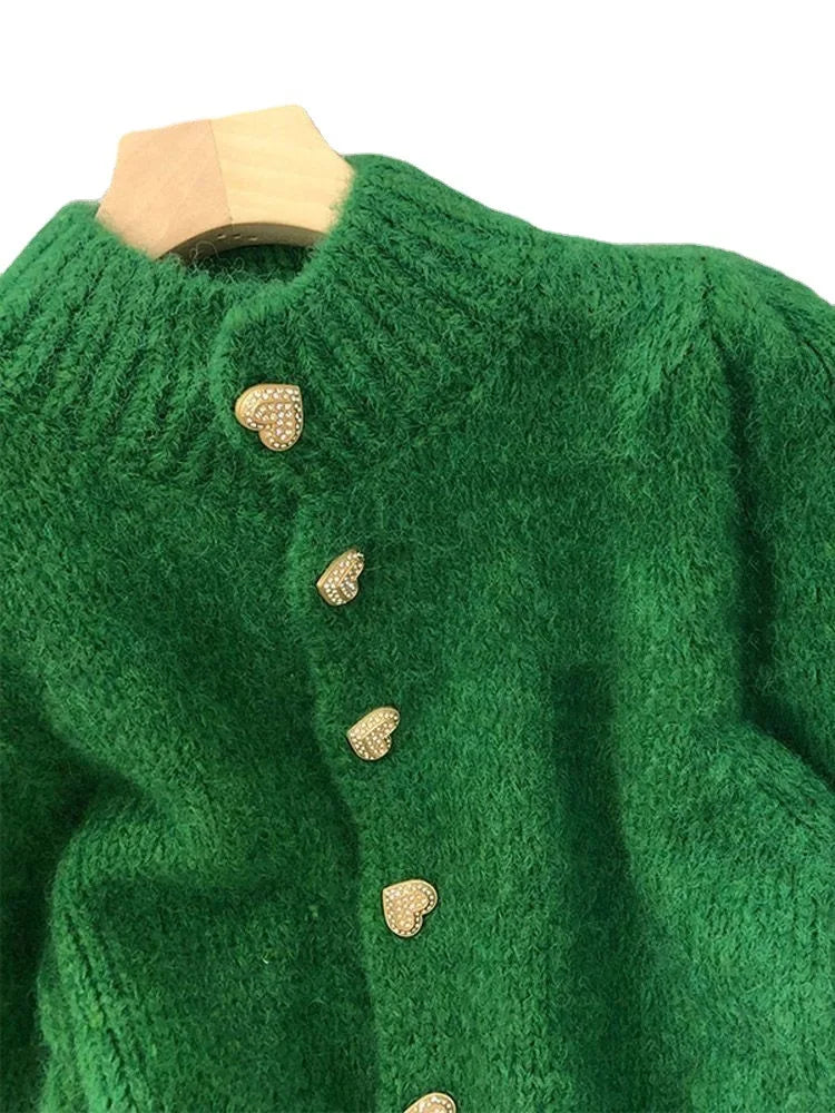 Green Knitted Cardigan  Sweaters Autumn Half High Collar Sweet Casual