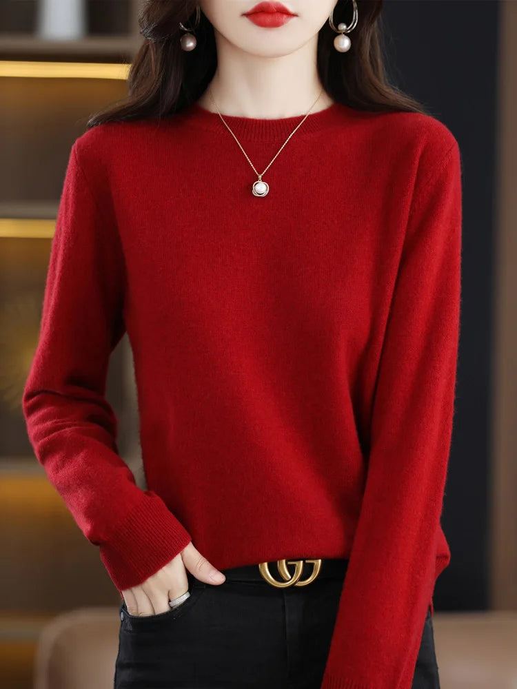 Fashion 100% Merino Wool Sweater Cashmere Pullover O-Neck Long Sleeve