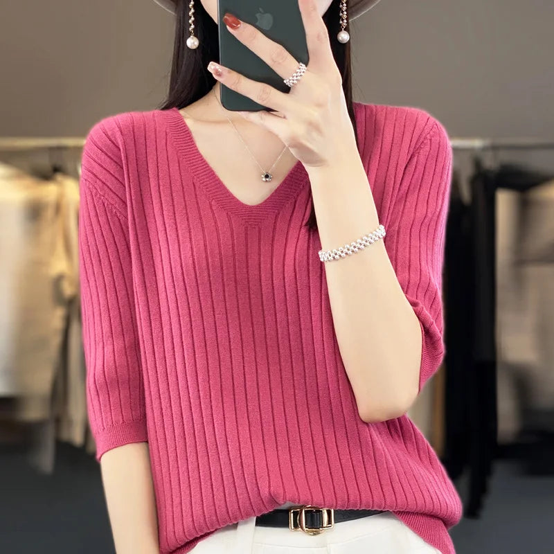 2024 Women Sweater Short Sleeve Spring Summer Knitwears Korean Fashion