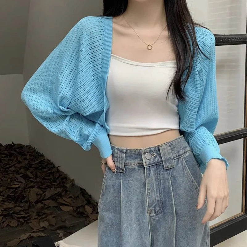 Rimocy Sunscreen Crop Knit Cardigan Women Korean Style Solid Color