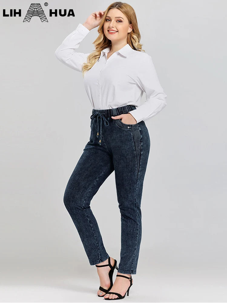 Damen-Jeans in Übergröße, hohe Stretch-Baumwollstrick-Denim-Hose,