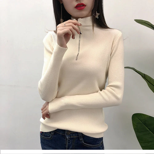 Knitted Women Zipper Half High Neck Sweater Pullovers Autumn Winter