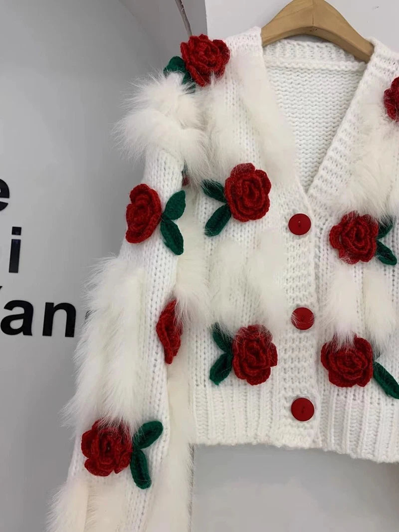 Harajuku Cropped Knitted Cardigan Women Y2K 3D Flower Sweater Coat Streetwear Oversized Knitwear Jacket Winter Jumpers Outwear