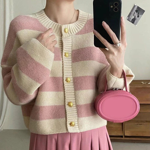 Striped Knitted Cardigans Women 2023 Autumn Winter Button Up Loose