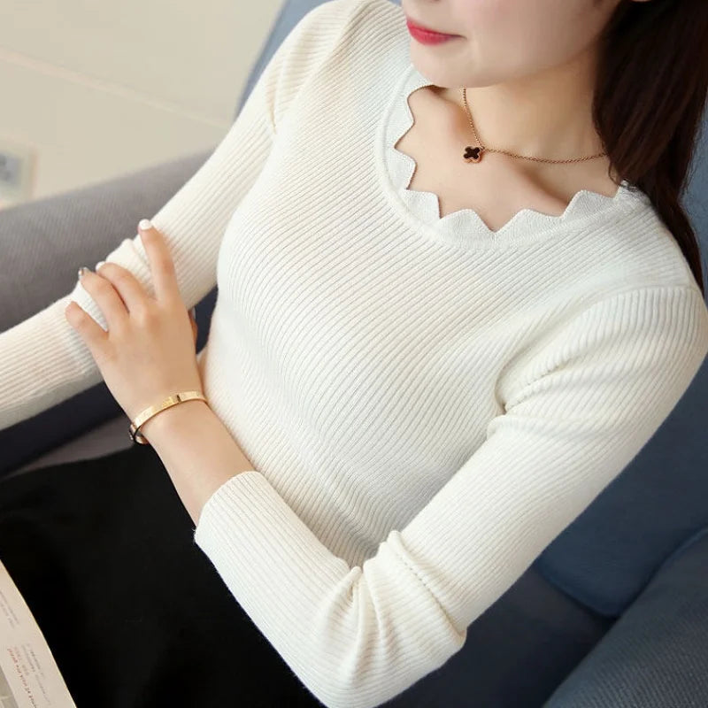 Casual Solid Sweater Women Knitted Slim White Pullover Long Sleeve