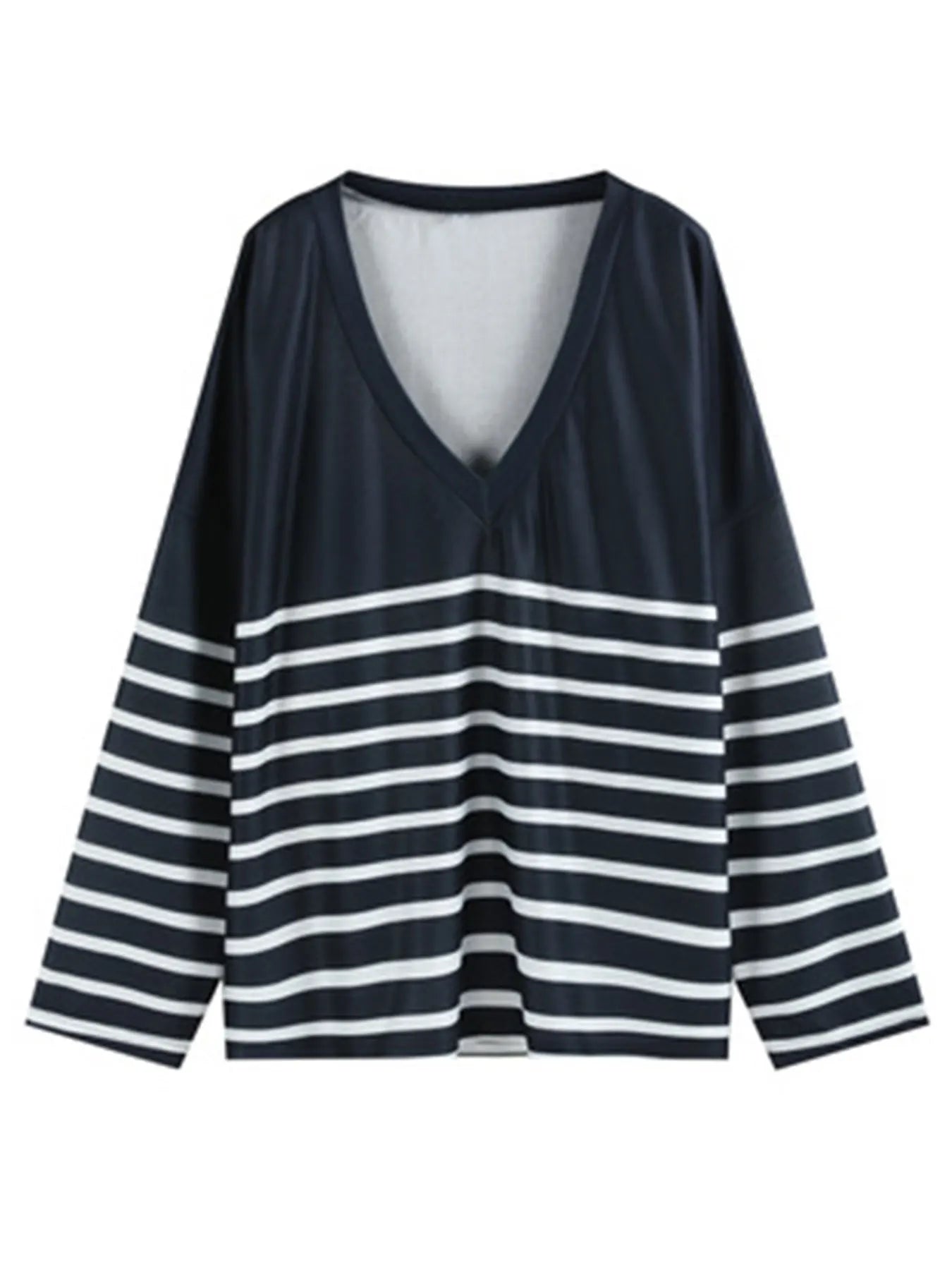 Plus Size Casual Top, Women's Plus Colorblock Stripe Print Long Sleeve V Neck Top