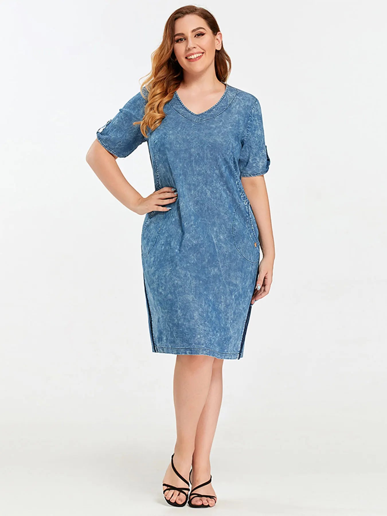 Damen Plus Size Denim Kleid Baumwolle kurze Ärmel