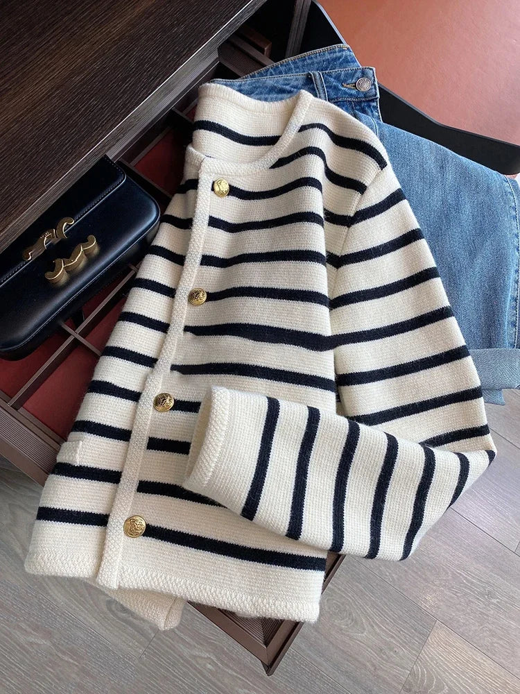 New Spring Autumn Y2k Sweaters O-neck Stripe Knitted Cropped Cardigan