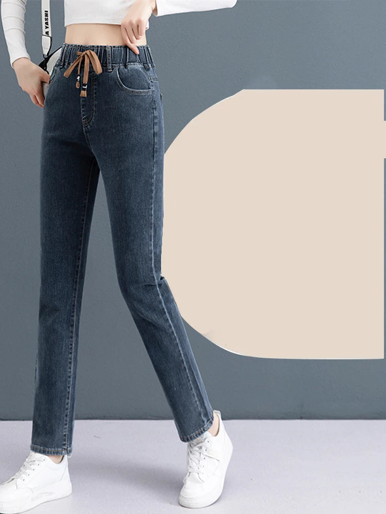 Frauen gerade Jeans elastische hohe Taille Kordelzug Schnürung