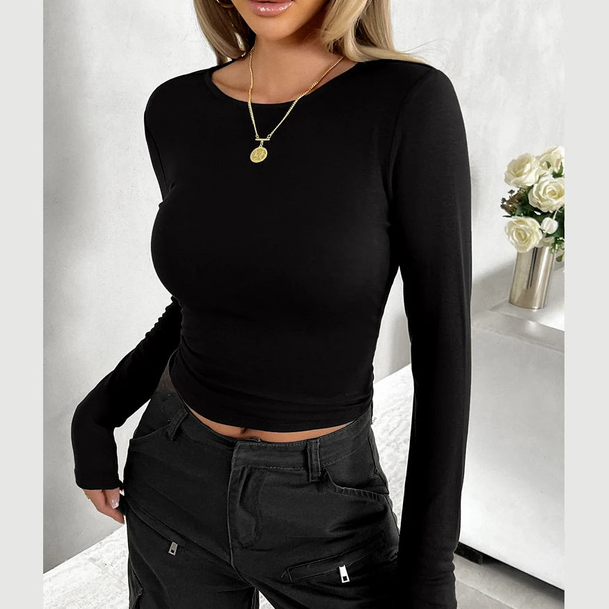 Women's Spring Fall New Fashion Solid Color Round Neck Long-Sleeved