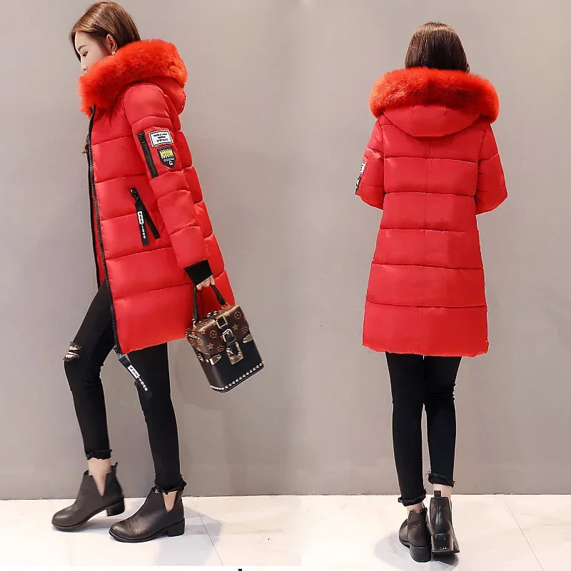 2024 Winter Women Parka Coats Long Cotton Casual Fur Hooded Jackets