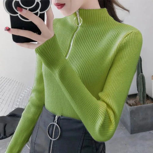 Knitted Women Zipper Half High Neck Sweater Pullovers Autumn Winter