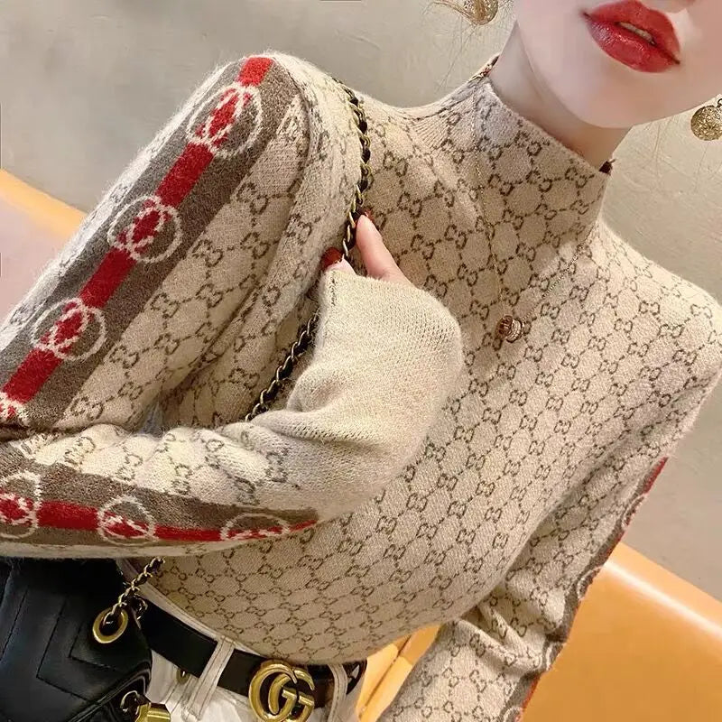 Women's Clothing Elegant Fashion Plaid Knit Pullovers Autumn All-match