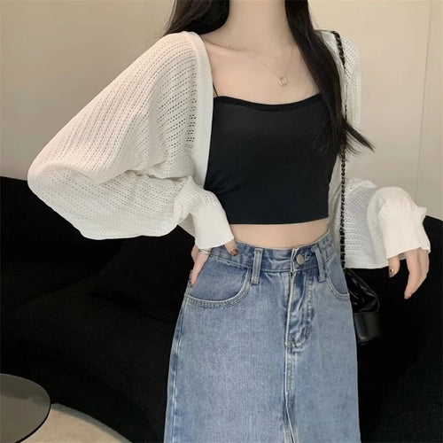 Rimocy Sunscreen Crop Knit Cardigan Women Korean Style Solid Color