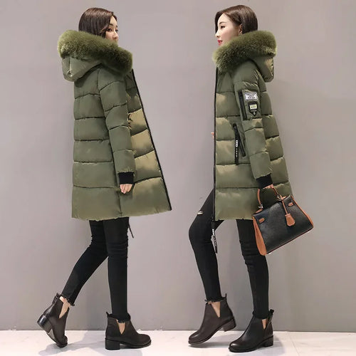 2024 Winter Women Parka Coats Long Cotton Casual Fur Hooded Jackets