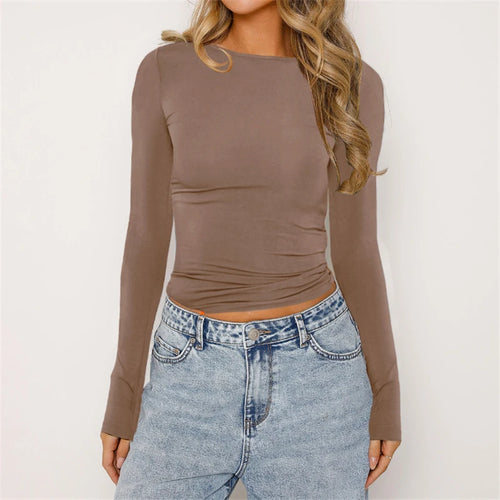 Women Casual Long Sleeve T-Shirts Spring Autumn Solid Slim Fit