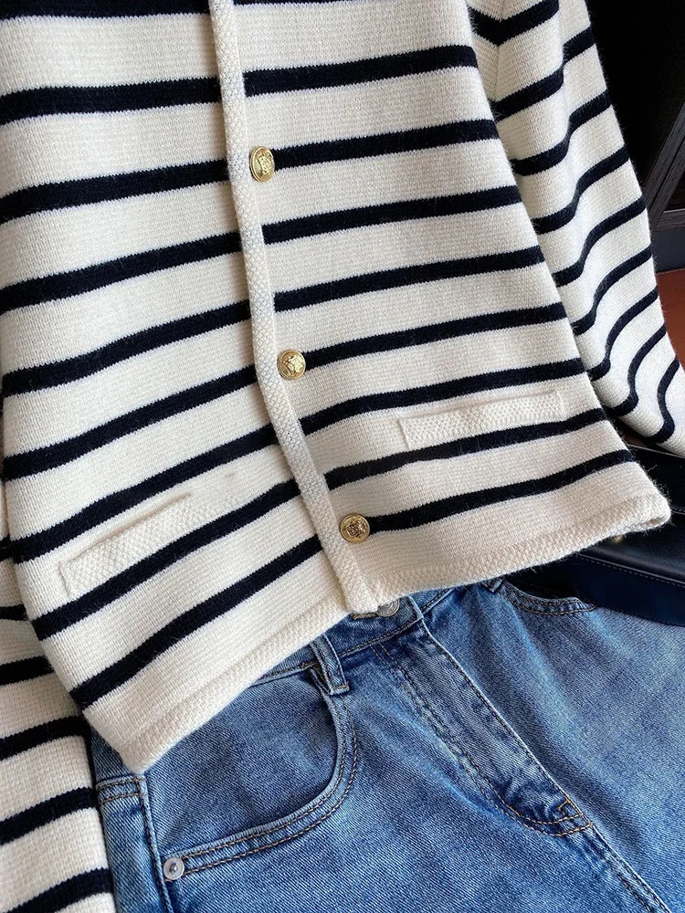 New Spring Autumn Y2k Sweaters O-neck Stripe Knitted Cropped Cardigan