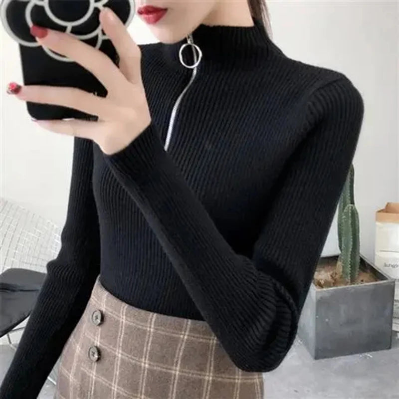 Knitted Women Zipper Half High Neck Sweater Pullovers Autumn Winter