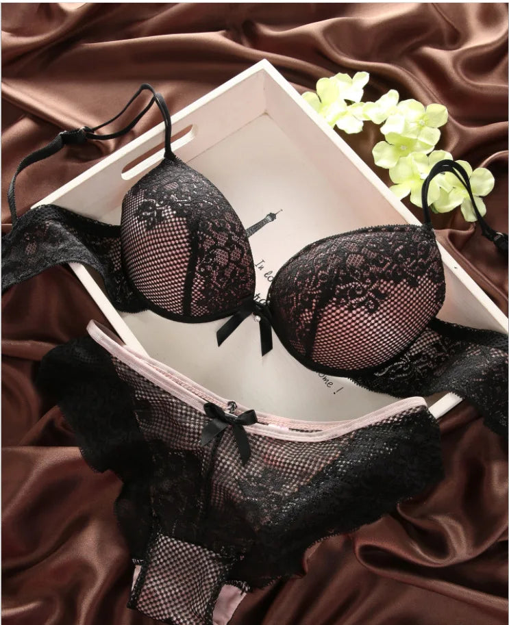 New Sexy Bra Hollow Out Panties Solid Color Underwear Set BC Cup Lace