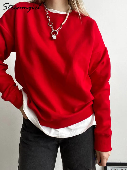 Autumn Oversized Sweatshirts Women Cotton Loose Pullovers Red Round