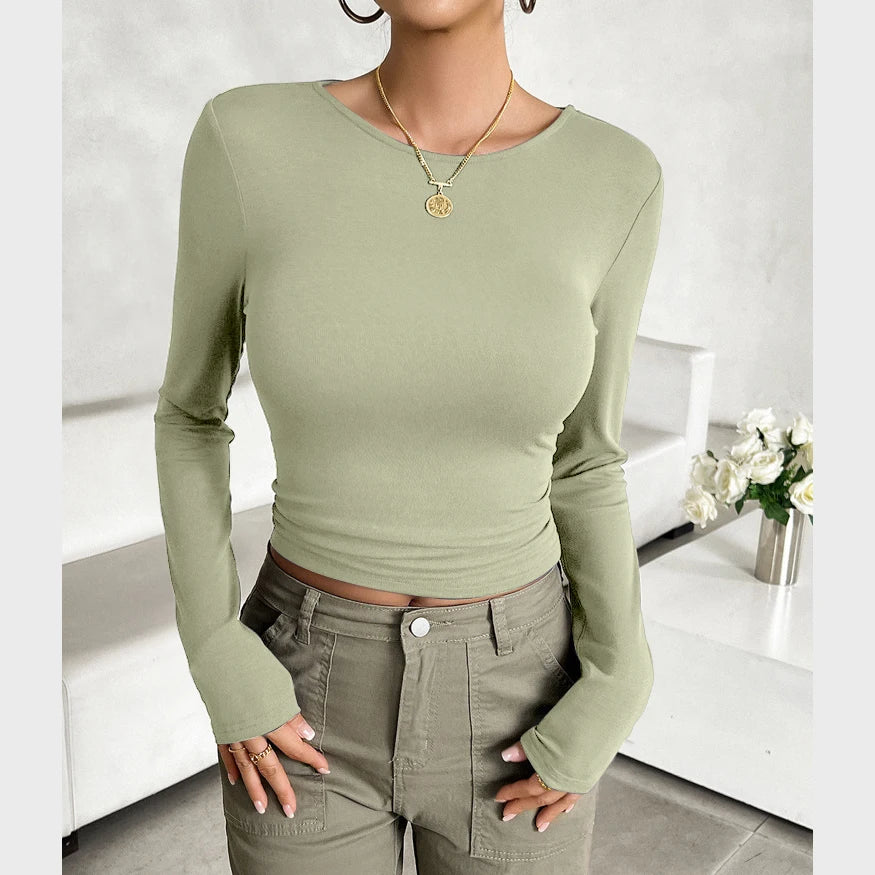 Women's Spring Fall New Fashion Solid Color Round Neck Long-Sleeved