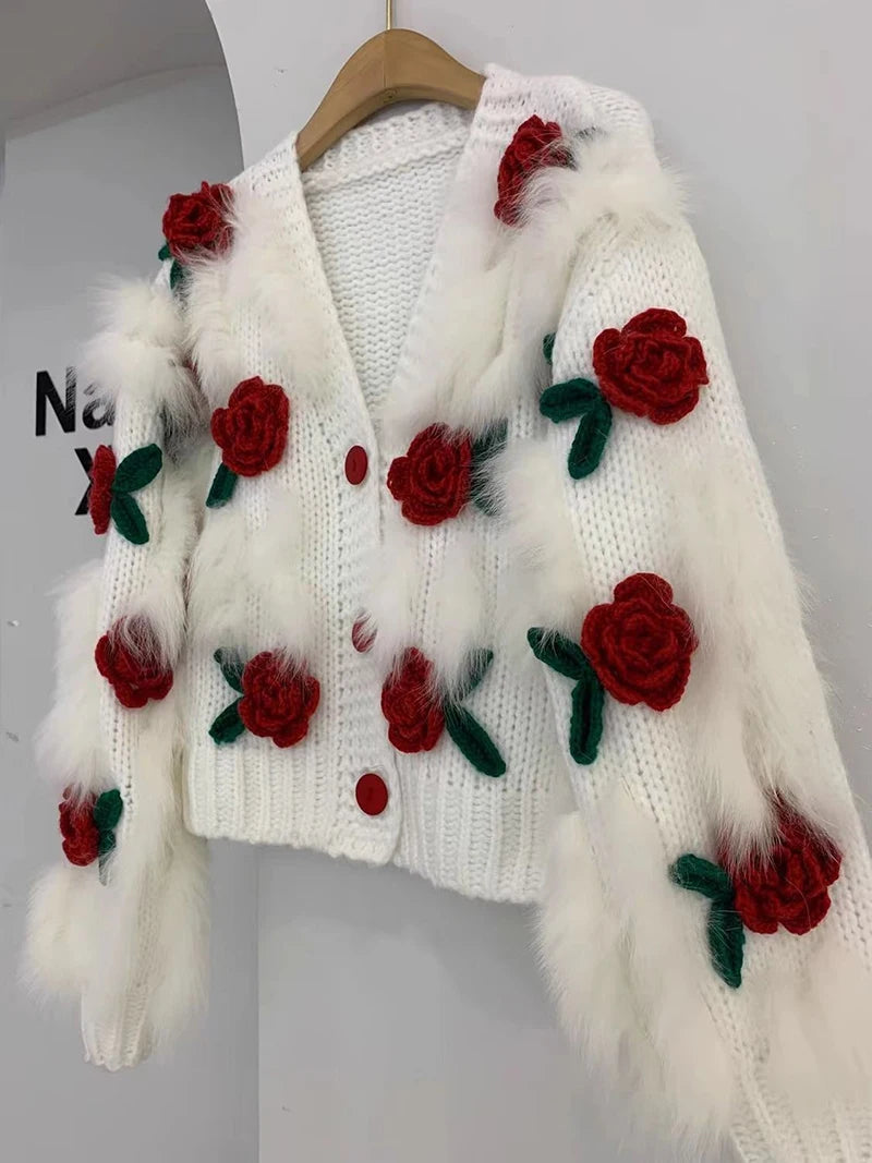 Harajuku Cropped Knitted Cardigan Women Y2K 3D Flower Sweater Coat Streetwear Oversized Knitwear Jacket Winter Jumpers Outwear